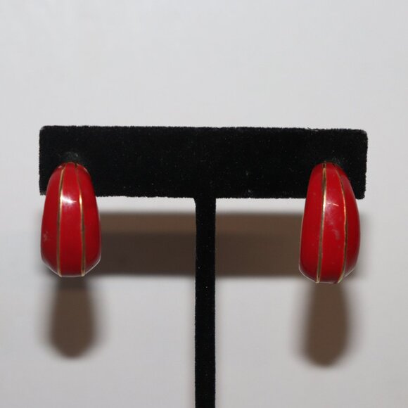 Stunning vintage gold and red hoop earrings 7/8" - Picture 1 of 4